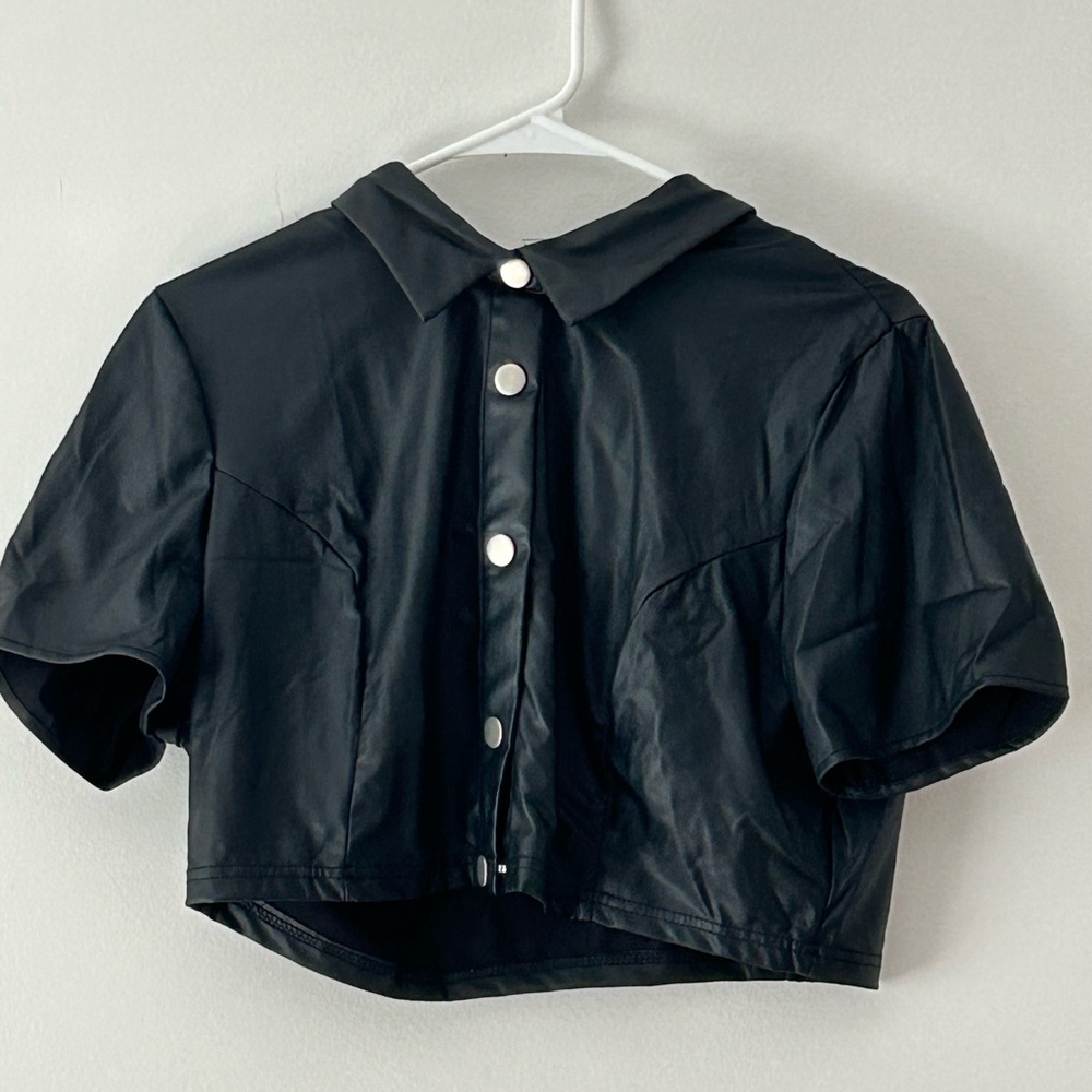 Black faux leather crop